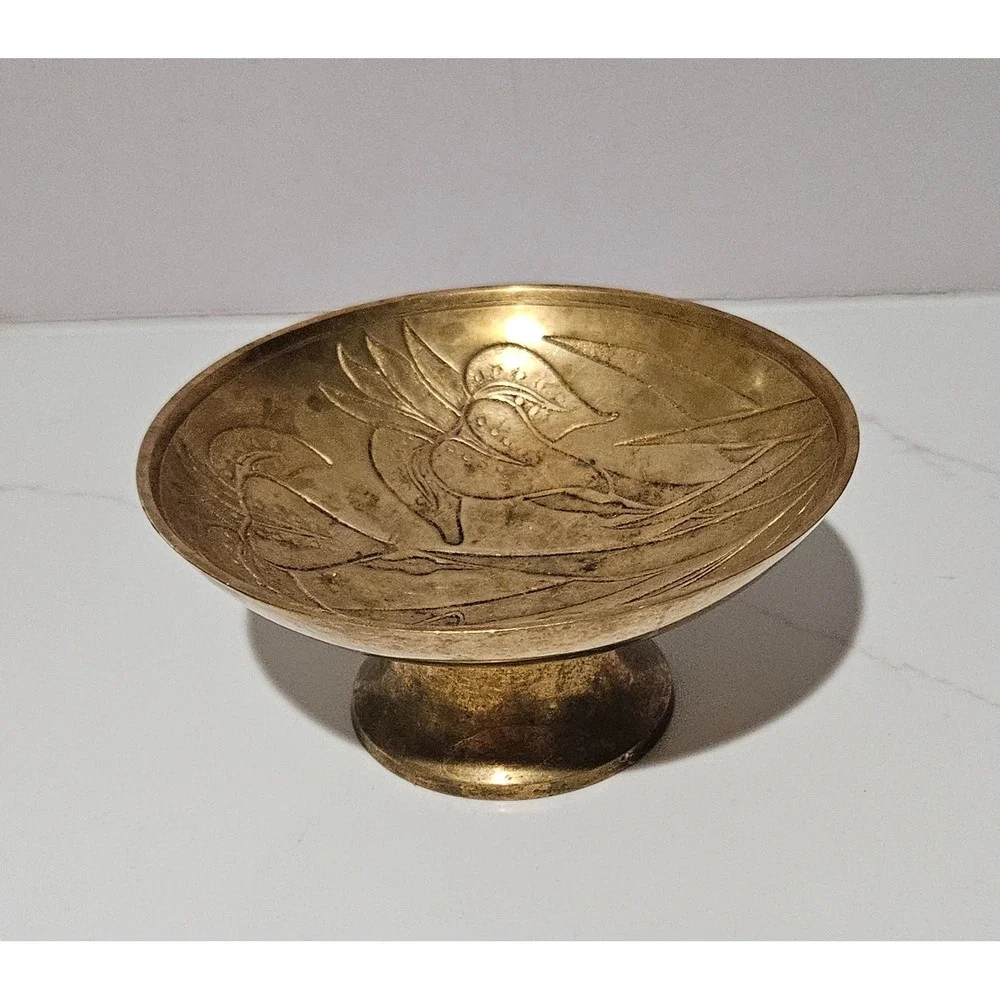 Vintage Etched Brass Pedestal Bowl Iris Floral Footed Trinket Dish Compote
